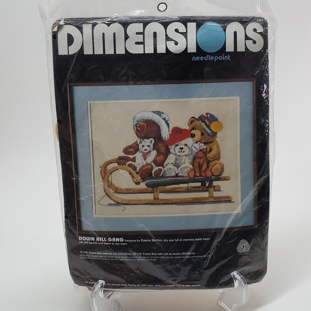 Vintage 1987 Dimensions Needlepoint Kit Down Hill‎ Gang Teddy Bears Sled 2334